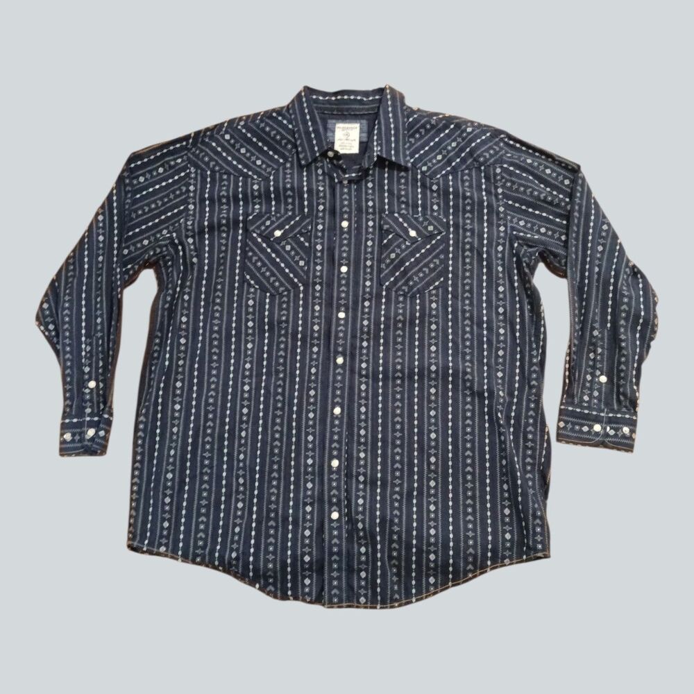 Panhandle Slim Rough Stock Pearl Snap Western Shirt Navy Stripe Size XXL